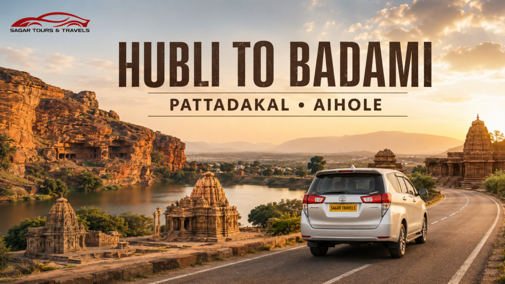 Badami cave temples overlooking Agastya Lake, a popular day trip from Hubli in North Karnataka