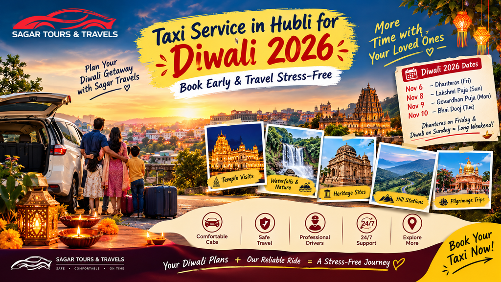Taxi service in Hubli for Diwali 2026 — family travelling in a Sagar Travels cab during the festival season
