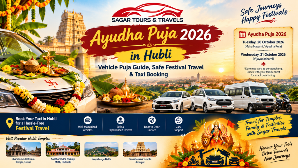 Car decorated with flowers and kumkum for Ayudha Puja vehicle puja in Hubli, Karnataka
